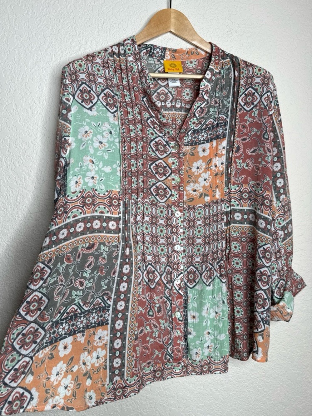 Ruby Rd Boho Patchwork Floral Print Button Front Blouse Sz XL Fall Colors